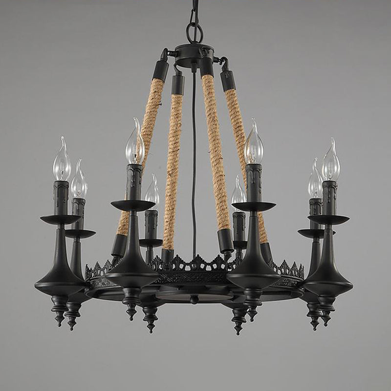 Iron Candle Chandelier Light Fixture Warehouse 6/8 Heads Dining Room Hanging Ceiling Light in Black with Rope Cord