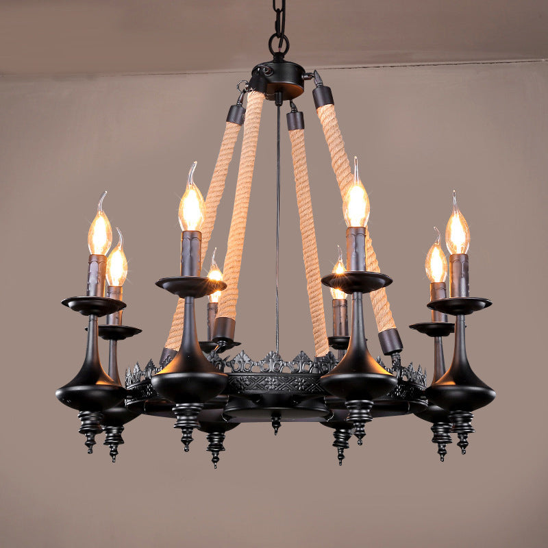Iron Candle Chandelier Light Fixture Warehouse 6/8 Heads Dining Room Hanging Ceiling Light in Black with Rope Cord