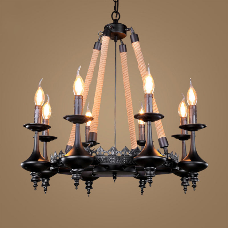 Iron Candle Chandelier Light Fixture Warehouse 6/8 Heads Dining Room Hanging Ceiling Light in Black with Rope Cord