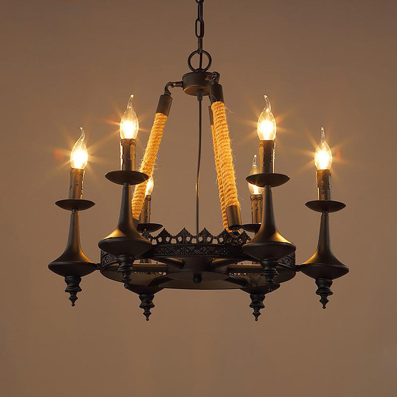 Iron Candle Chandelier Light Fixture Warehouse 6/8 Heads Dining Room Hanging Ceiling Light in Black with Rope Cord