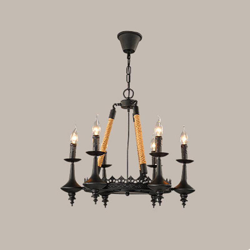Iron Candle Chandelier Light Fixture Warehouse 6/8 Heads Dining Room Hanging Ceiling Light in Black with Rope Cord