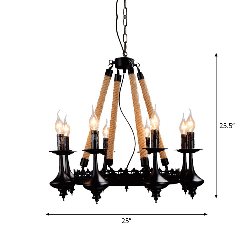 Iron Candle Chandelier Light Fixture Warehouse 6/8 Heads Dining Room Hanging Ceiling Light in Black with Rope Cord