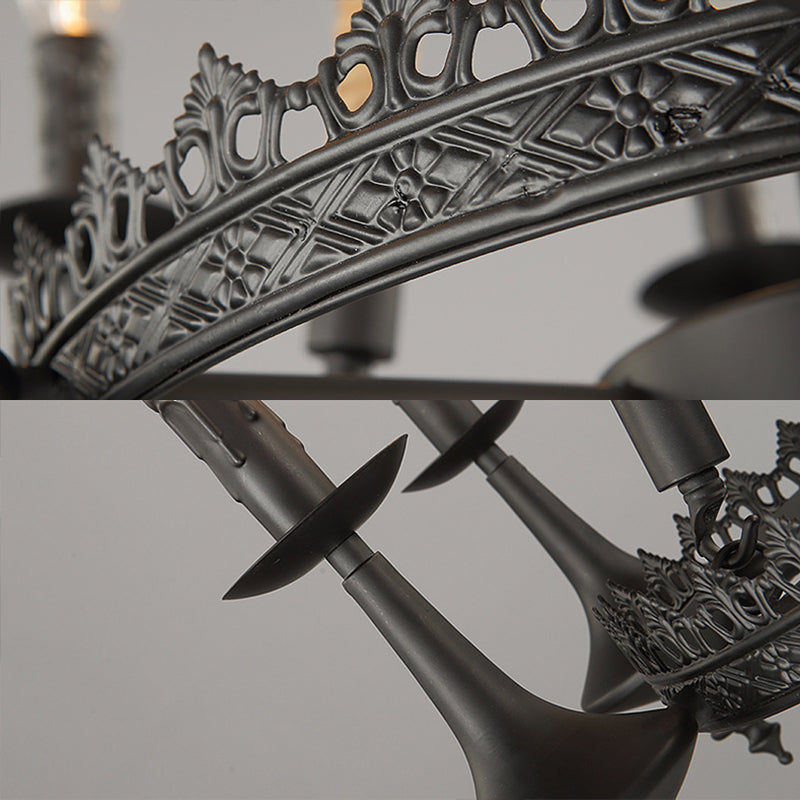 Iron Candle Chandelier Light Fixture Warehouse 6/8 Heads Dining Room Hanging Ceiling Light in Black with Rope Cord