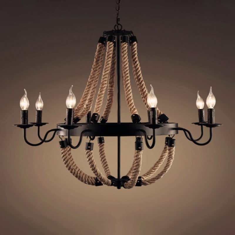 Loft Style Candelabrum Chandelier 8 Bulbs Hemp Rope Hanging Lamp in Black for Living Room