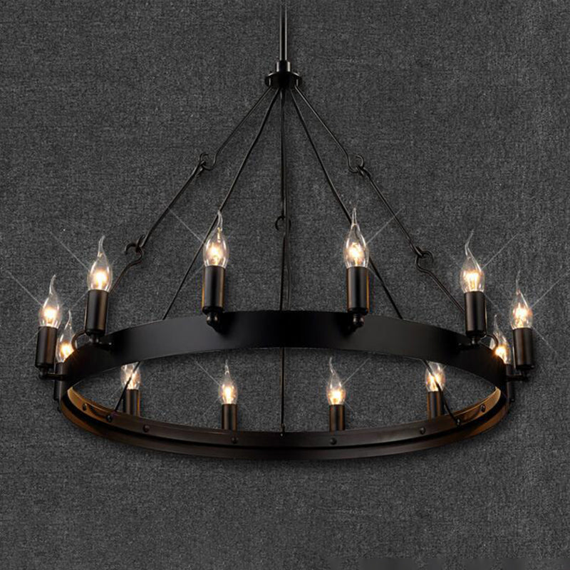12/18 Lights Circle Chandelier Industrial Black Iron Hanging Lamp Kit with Bare Bulb Design