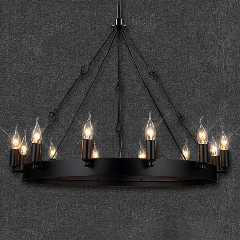 12/18 Lights Circle Chandelier Industrial Black Iron Hanging Lamp Kit with Bare Bulb Design