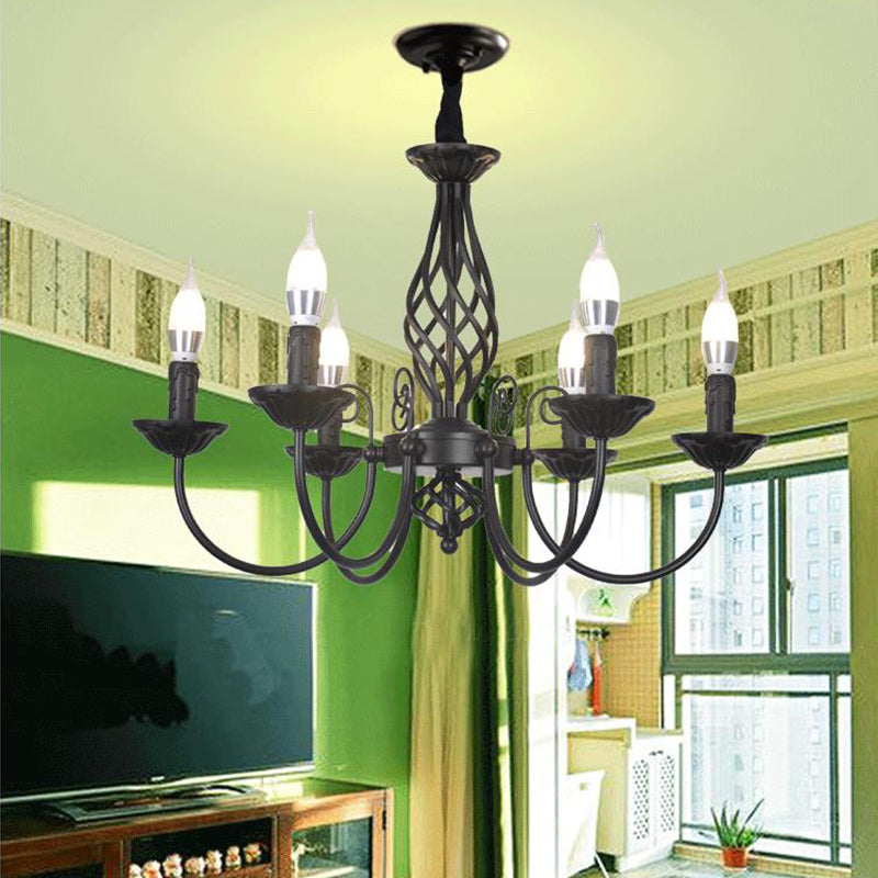 Black/White Swooping Arm Chandelier Lamp Traditional Metal 3/4/5 Lights Living Room Hanging Light