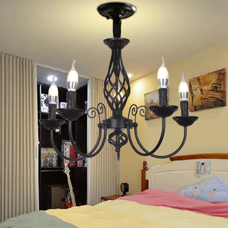 Black/White Swooping Arm Chandelier Lamp Traditional Metal 3/4/5 Lights Living Room Hanging Light