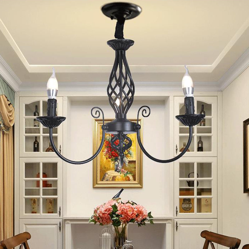 Black/White Swooping Arm Chandelier Lamp Traditional Metal 3/4/5 Lights Living Room Hanging Light