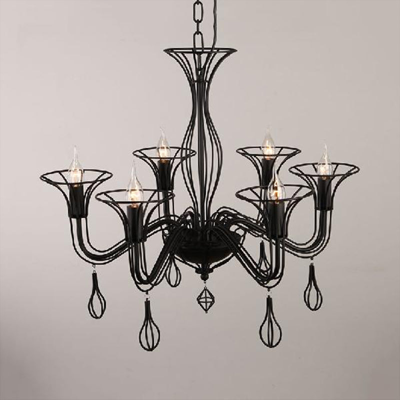 Dark Brown Scrolled Arm Pendant Lighting Classic Metal 5/6 Lights Living Room Chandelier