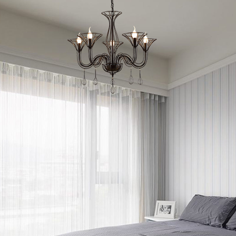 Dark Brown Scrolled Arm Pendant Lighting Classic Metal 5/6 Lights Living Room Chandelier