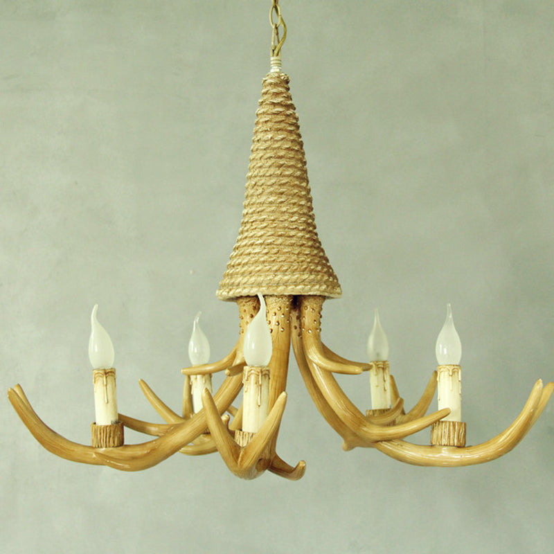 Beige Elk Shaped Chandelier Lamp Traditional Metal and Rope 3/5 Lights Living Room Hanging Light
