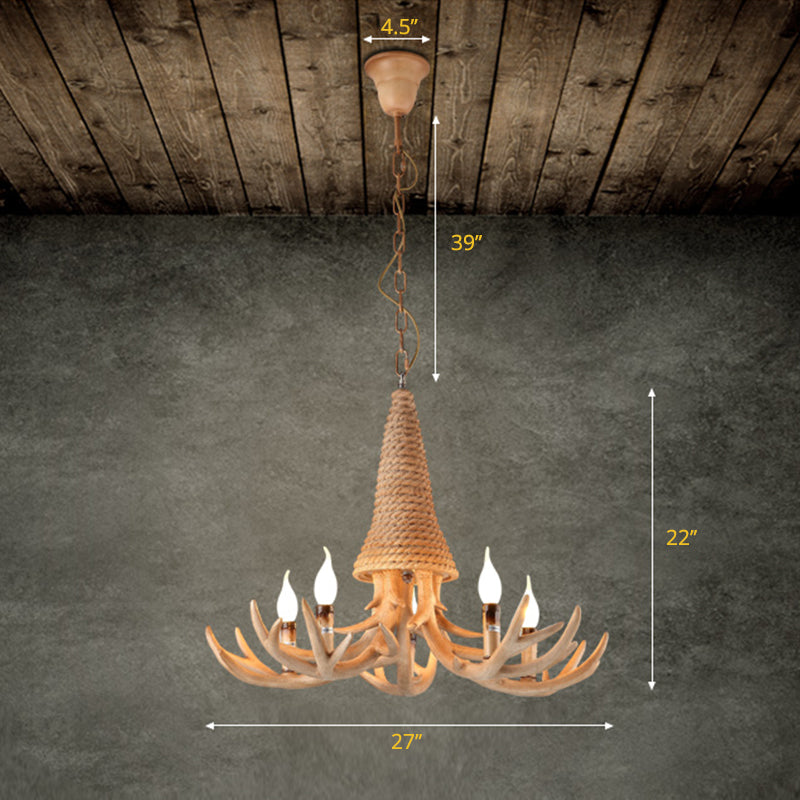 Beige Elk Shaped Chandelier Lamp Traditional Metal and Rope 3/5 Lights Living Room Hanging Light