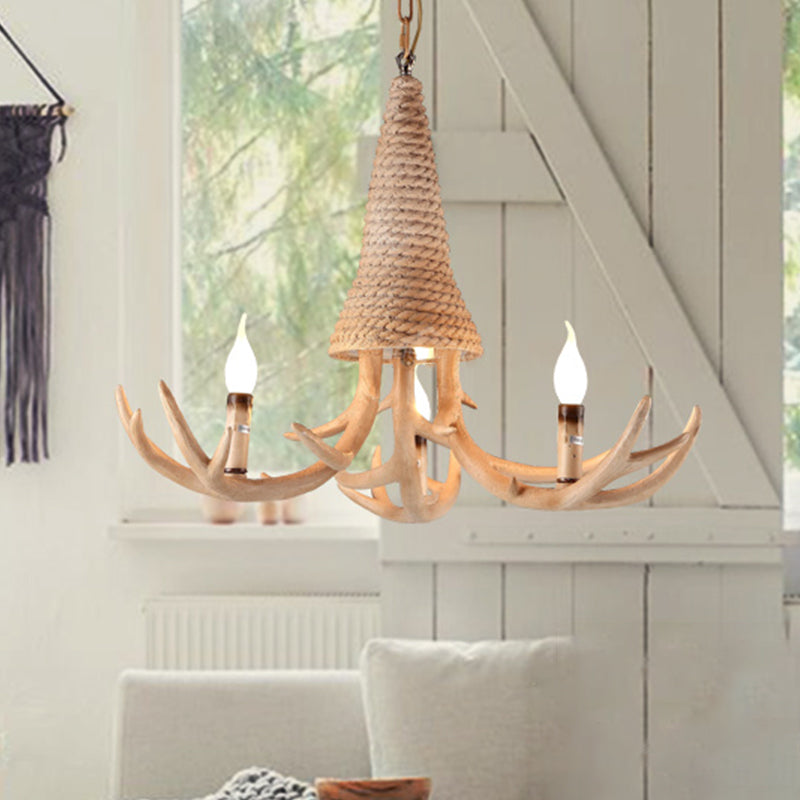 Beige Elk Shaped Chandelier Lamp Traditional Metal and Rope 3/5 Lights Living Room Hanging Light