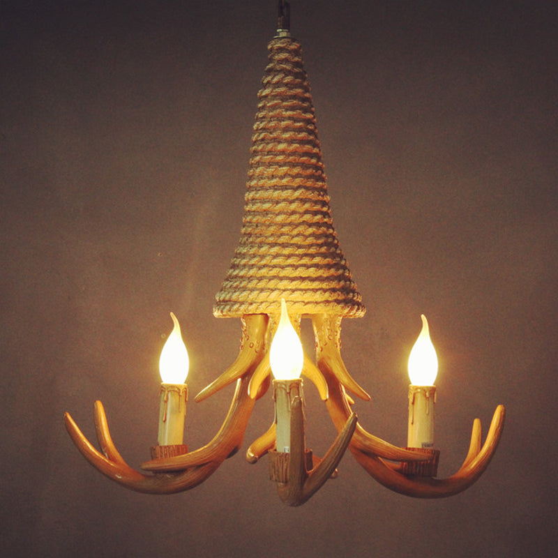 Beige Elk Shaped Chandelier Lamp Traditional Metal and Rope 3/5 Lights Living Room Hanging Light