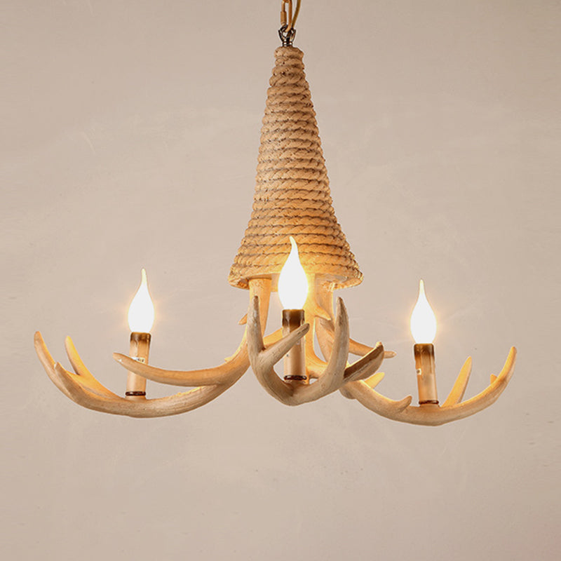 Beige Elk Shaped Chandelier Lamp Traditional Metal and Rope 3/5 Lights Living Room Hanging Light