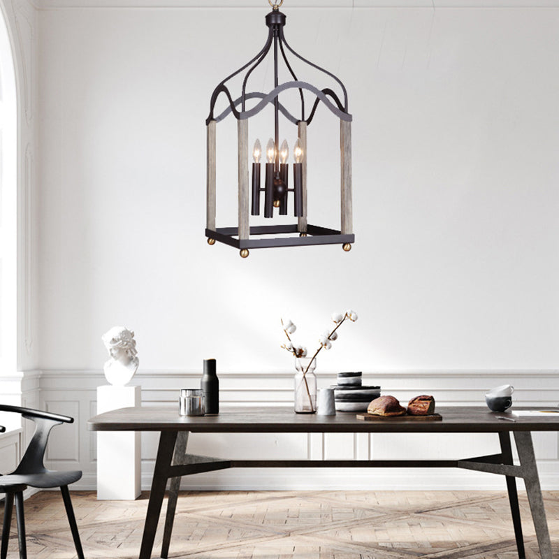 4 Lights Metal Hanging Chandelier Traditional Black Candle-Style Living Room Pendant Light Fixture with Cage