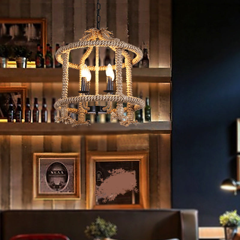 Beige 4 Lights Chandelier Light Fixture Traditional Rope Cylinder Pendant Lamp for Dining Room