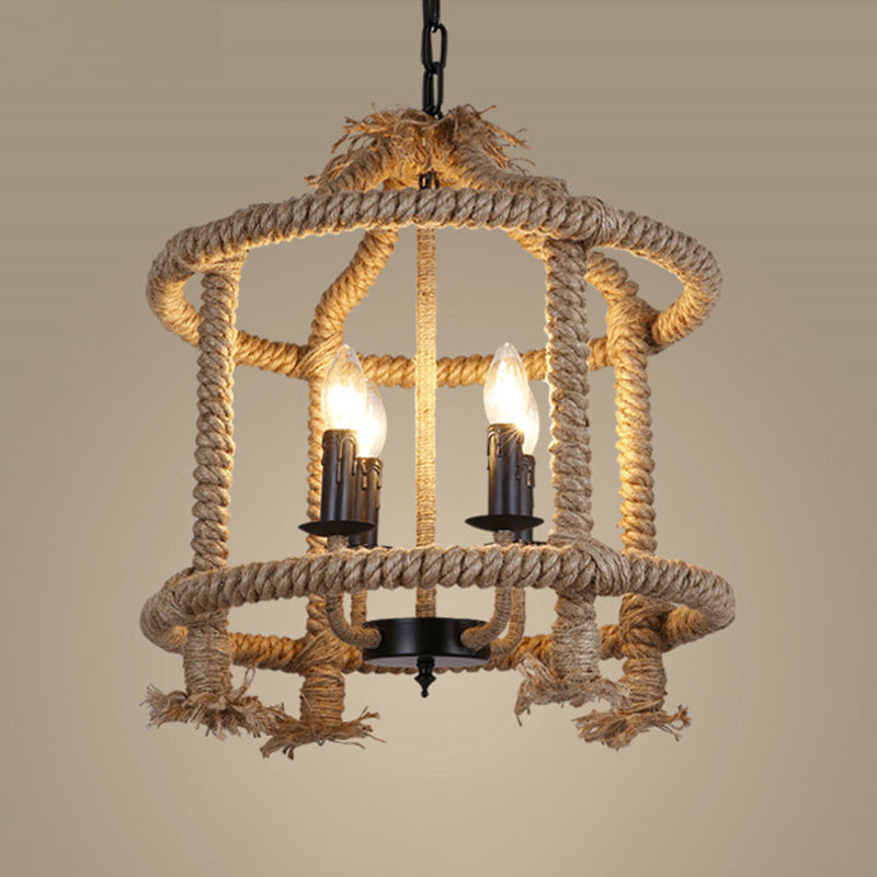 Beige 4 Lights Chandelier Light Fixture Traditional Rope Cylinder Pendant Lamp for Dining Room