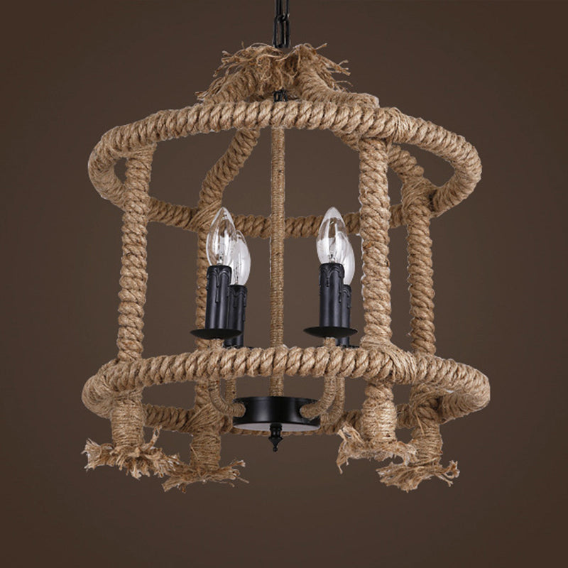 Beige 4 Lights Chandelier Light Fixture Traditional Rope Cylinder Pendant Lamp for Dining Room