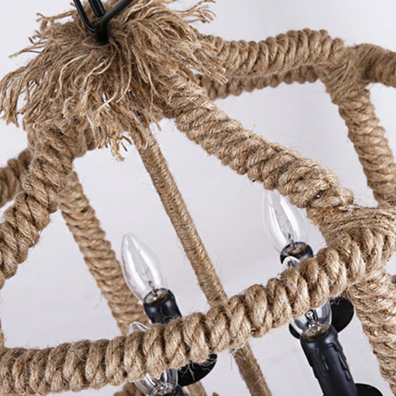 Beige 4 Lights Chandelier Light Fixture Traditional Rope Cylinder Pendant Lamp for Dining Room