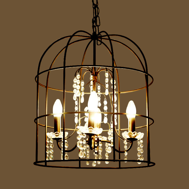 4 Lights Pendant Light Classic Birdcage Metal Hanging Chandelier in Black with Crystal Draping