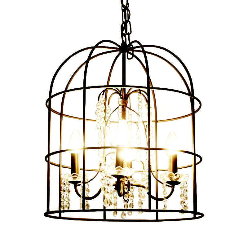4 Lights Pendant Light Classic Birdcage Metal Hanging Chandelier in Black with Crystal Draping