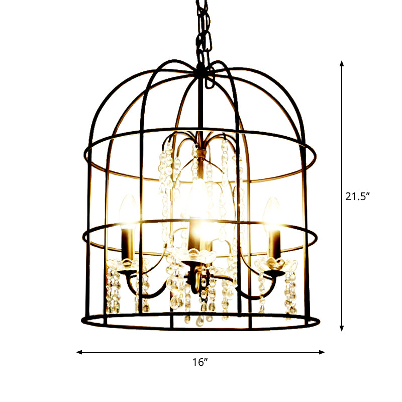 4 Lights Pendant Light Classic Birdcage Metal Hanging Chandelier in Black with Crystal Draping