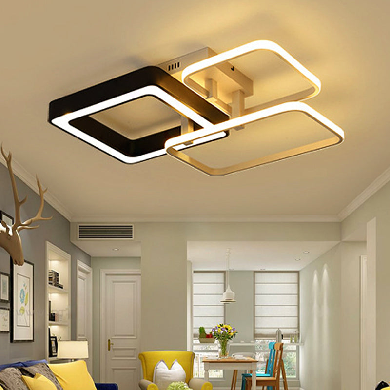 3/4 Lights Living Room Semi Flush Mount Light with Squared Acrylic Shade Modern Black and White Ceiling Mounted Light
