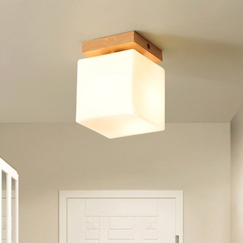 Plafonnier encastré en forme de cube pour porche, bois et verre, 1 tête, plafonnier blanc élégant japonais