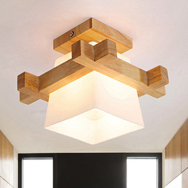 Lámpara colgante trapezoidal de vidrio opalino con decoración de madera, lámpara de techo de estilo japonés de 1 cabezal en blanco para dormitorio