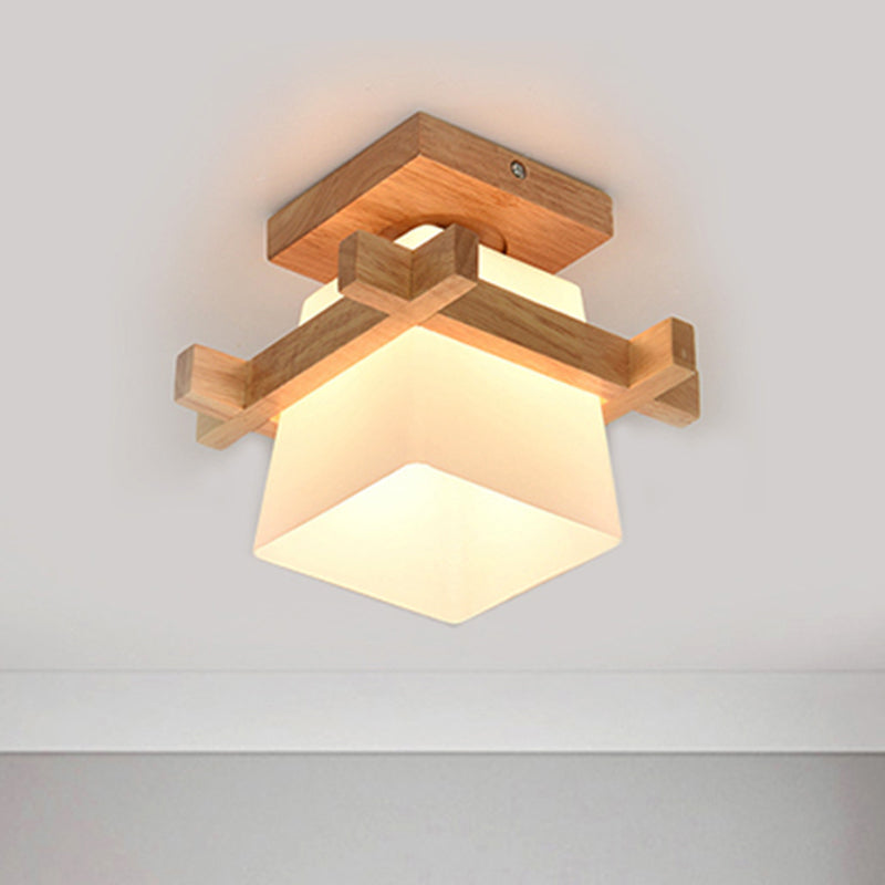 Lámpara colgante trapezoidal de vidrio opalino con decoración de madera, lámpara de techo de estilo japonés de 1 cabezal en blanco para dormitorio