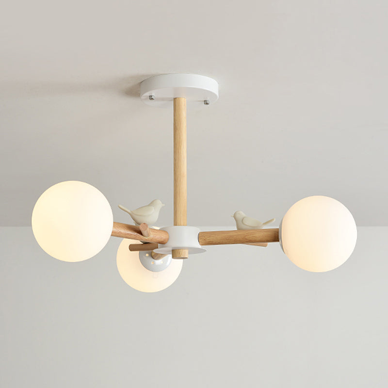 Orb Shade Bedroom Chandelier with Bird Wood Glass Japanese Style Hanging Light in White