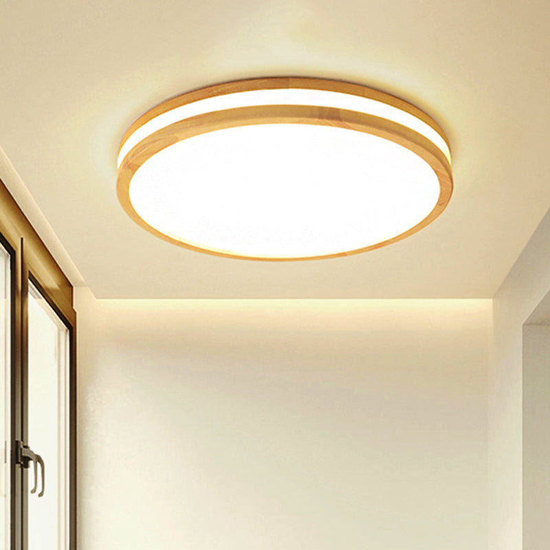 Japanese Style Circle Flush Ceiling Light Acrylic and Wood 12"/16"/19.5"/23.5 inch Wide LED Ceiling Lamp in Beige for Porch