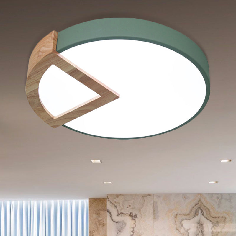 Kindergarten Flat Round Flush Ceiling Light with Wood Triangle Acrylic Nordic Green/Grey/Pink/Yellow/White LED Ceiling Lamp in Warm/White