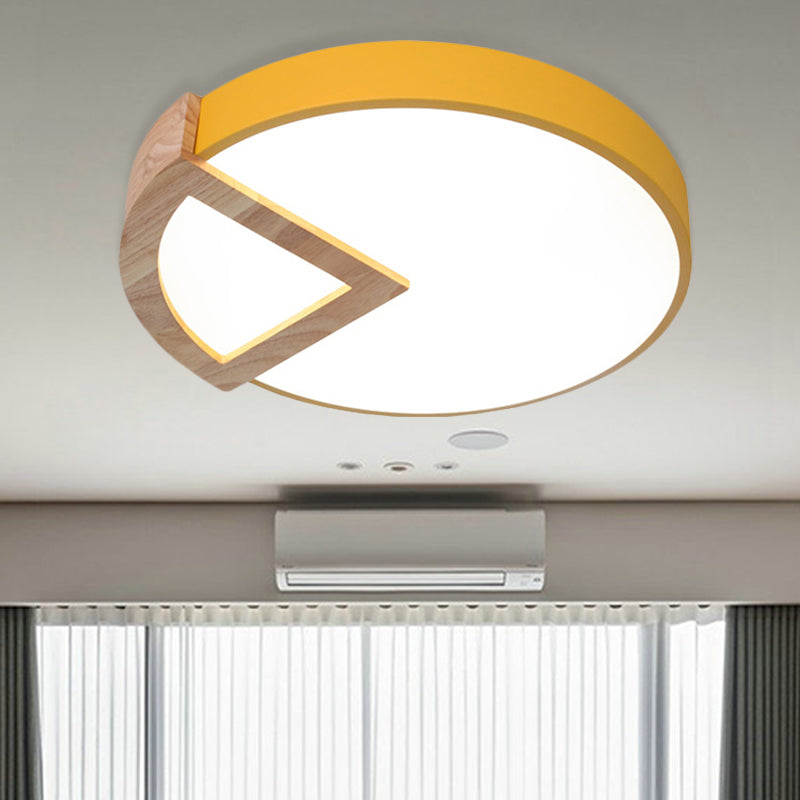 Kindergarten Flat Round Flush Ceiling Light with Wood Triangle Acrylic Nordic Green/Grey/Pink/Yellow/White LED Ceiling Lamp in Warm/White