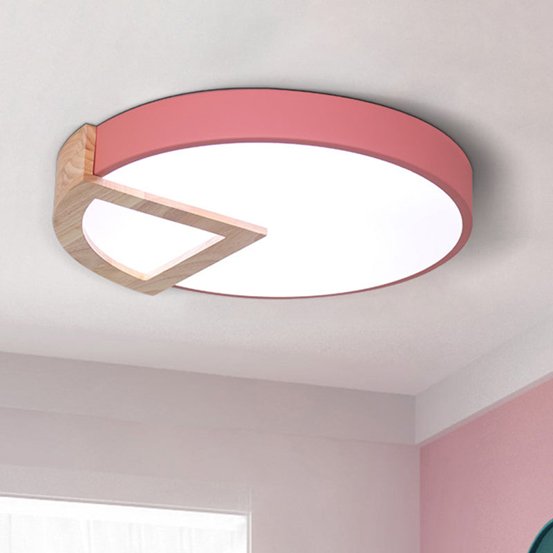 Kleuterschool Platte Ronde Flush Plafond Licht met hout Driehoek Acryl Nordic Green/Grey/Pink/geel/Wit LED Plafond Lamp in Warm/Wit