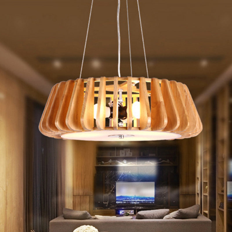 Lampadario a tamburo in legno sospeso a sospensione a soffitto a triplo luce contemporanea per il ristorante