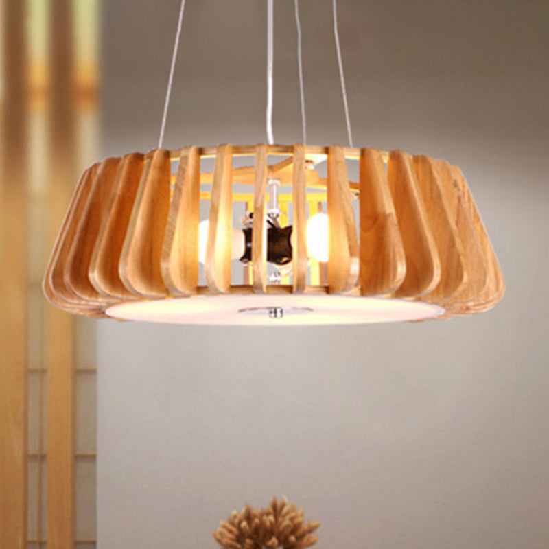Lampadario a tamburo in legno sospeso a sospensione a soffitto a triplo luce contemporanea per il ristorante