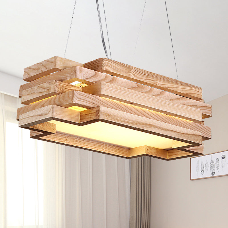5-Tier Rectangle Hanging Light Wood Nordic Stylish LED Pendant Light in Beige for Tea Station