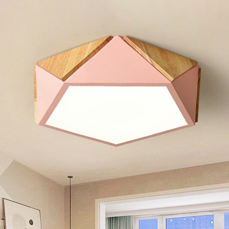 Pentagon-Deckenleuchte für Arbeitszimmer, Acryl und Holz, Macron-Stil, 16,5"/20,5" breite LED-Deckenleuchte in Grün/Rosa/Gelb