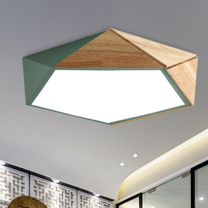 Pentagon-Deckenleuchte für Arbeitszimmer, Acryl und Holz, Macron-Stil, 16,5"/20,5" breite LED-Deckenleuchte in Grün/Rosa/Gelb