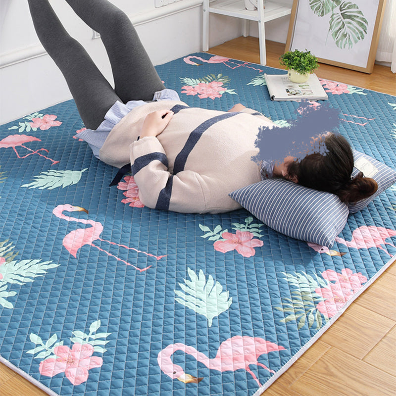 Blue Modern Rug Cotton Flamingo Print Area Carpet Non-Slip Backing Stain-Resistant Indoor Rug for Bedroom