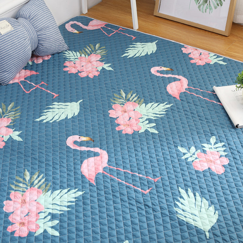 Blue Modern Rug Cotton Flamingo Print Area Carpet Non-Slip Backing Stain-Resistant Indoor Rug for Bedroom