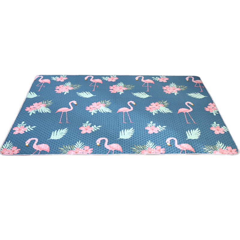 Blue Modern Rug Cotton Flamingo Print Area Carpet Non-Slip Backing Stain-Resistant Indoor Rug for Bedroom