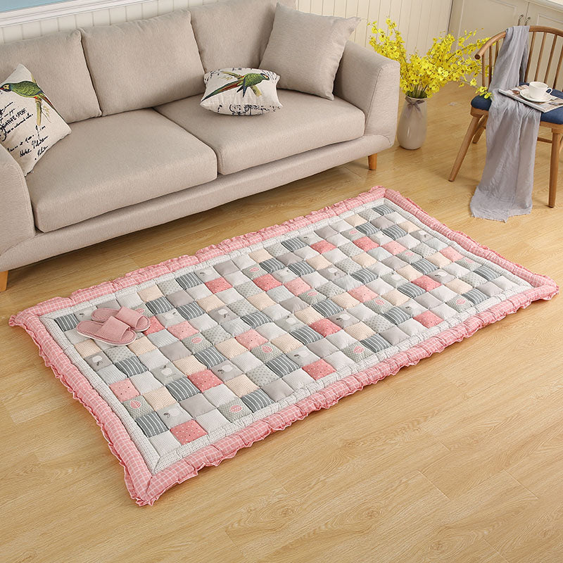 Simple Living Room Rug Multicolored Plaid Printed Area Carpet Cotton Non-Slip Backing Pet Friendly Area Rug