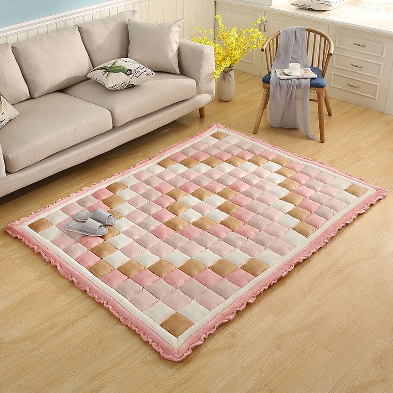 Simple Living Room Rug Multicolored Plaid Printed Area Carpet Cotton Non-Slip Backing Pet Friendly Area Rug