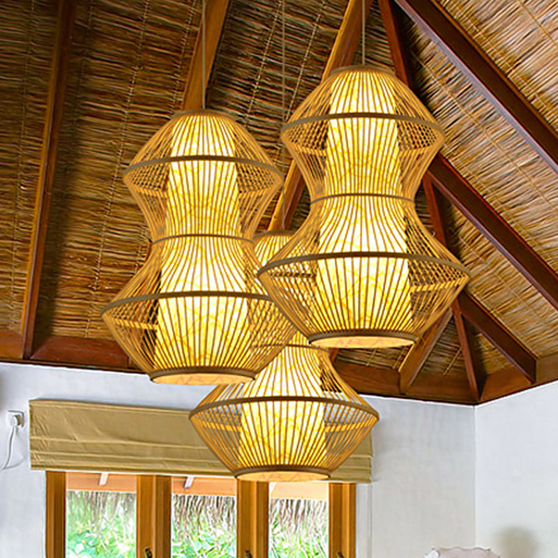 Asian Style Gourd Shaped Hanging Lighting Bamboo 19.5"/23.5" Wide 1 Head Restaurant Pendant Lamp in Wood