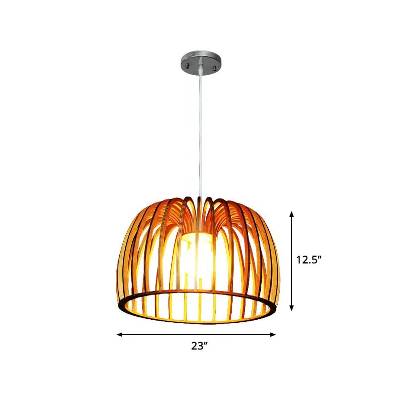 Beige Bowl Frame Down Lighting Asia 1 Bulb Wood Strip Hanging Ceiling Lamp for Living Room