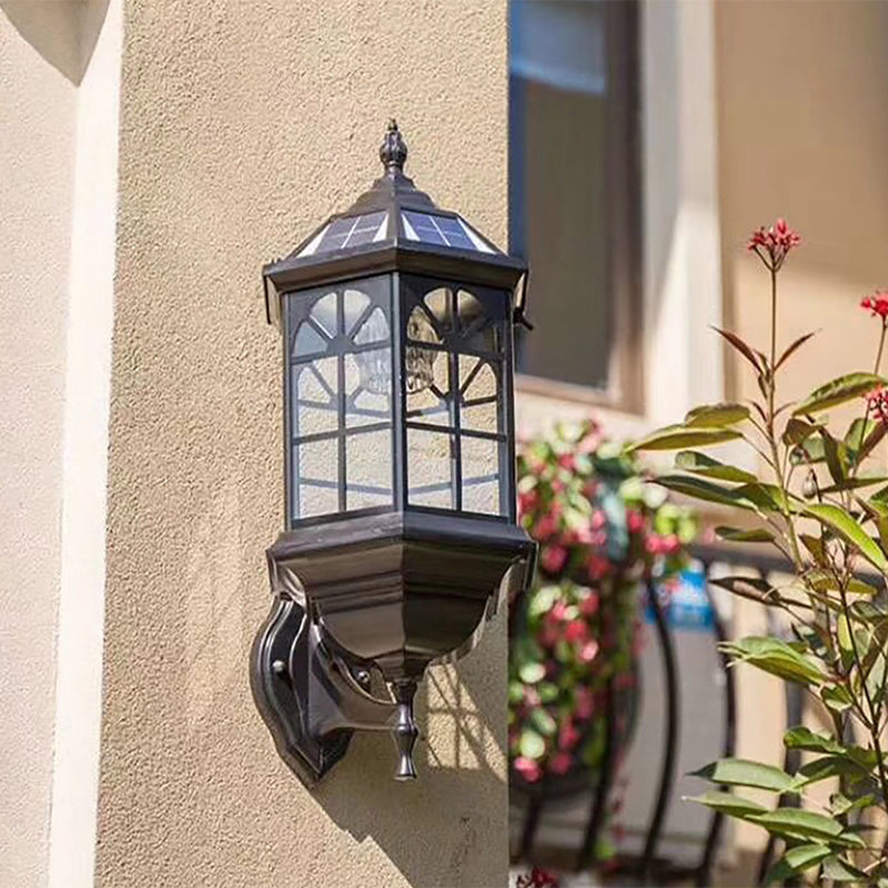 1 Bulb Clear Glass Wall Sconce Lodges Black Hexagon Outdoor Wall Lamp with Solar Panel